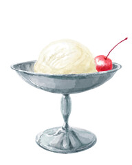 喫茶店のアイスクリームの水彩イラスト(バニラアイス、チェリー)