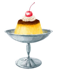 日本のレトロな喫茶店のプリンの水彩イラスト