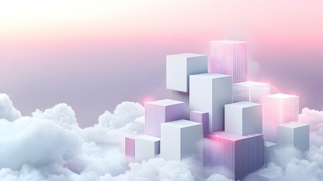 Fototapeta Abstract Futuristic Cityscape with Pastel Cubes and Clouds