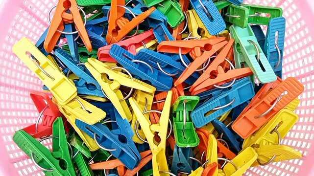 Clothes pins in a plactic basket zooming in, multi color plastic laundry clips or clothes pegs for house on the white background, top view