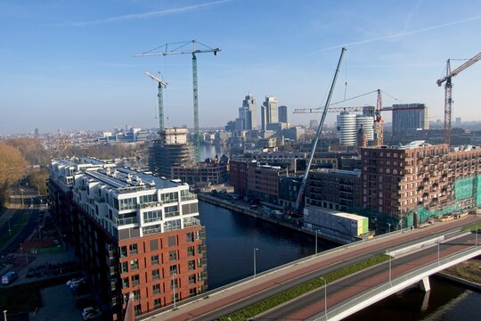 Amsterdam Netherlands - 27 March 2025 - Birds eye view of building site in Amsterdam Overamstel in the early morning - redevelopment of an industrial area into a residential area