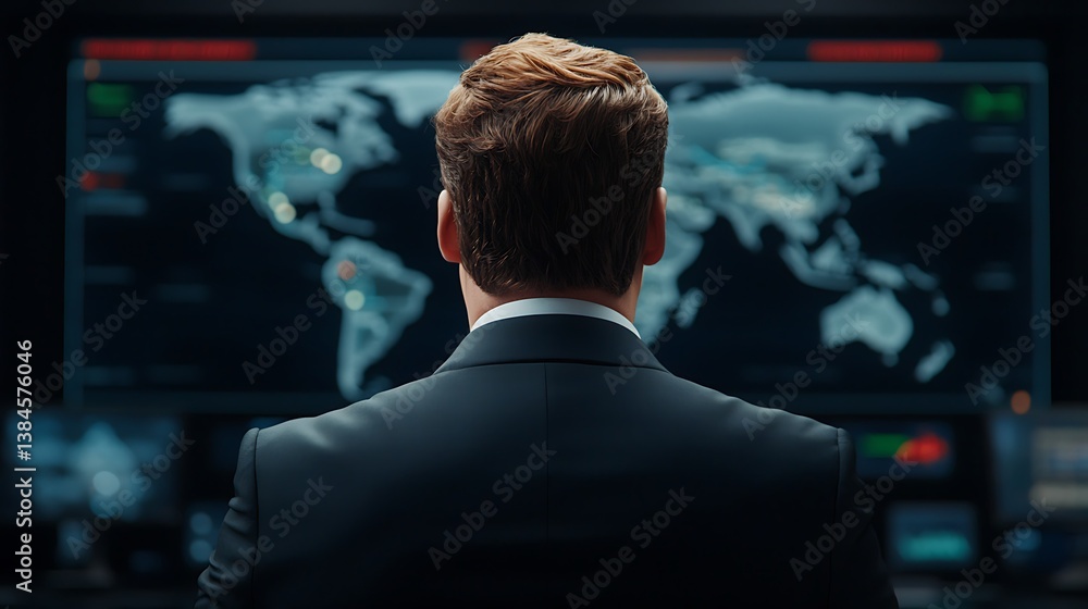 Poster a man in a suit observes a digital world map on a screen, suggesting a high-tech environment focused