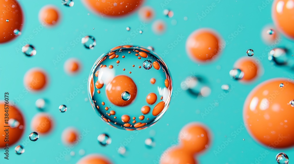 Poster a vibrant, abstract image featuring bubbles with orange centers against a turquoise background, crea