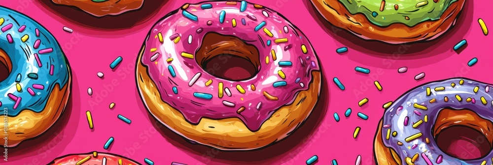 Poster colorful donuts with rainbow frosting and sprinkles create a fun and playful atmosphere in a pop-art