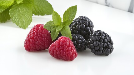 Fresh raspberries and blackberries with mint leaves