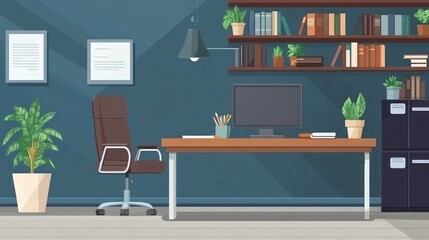 Stylish home office with minimalist furniture and plants, modern workspace