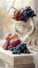 Classical White Statue with Grapes and Peaches Still Life