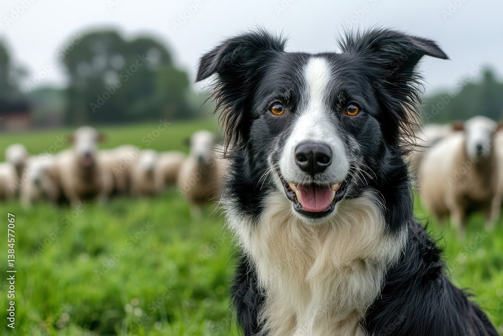 Aufkleber a close-up photo of a border collie with sheep in the background on green grass. it can be used for 