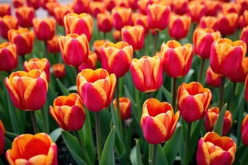 Fototapeta premium Bold, graphic tulips, densely packed in a vibrant, modern repeat , repeat, bold