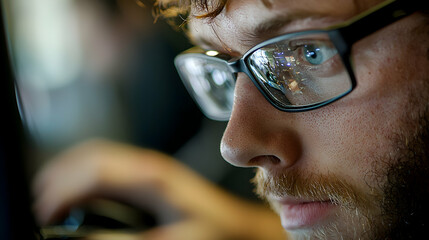 Close Up Portrait of a Young Man Wearing Glasses Concentrating on Computer Screen
