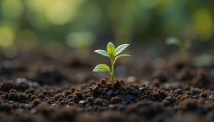 Young seedling plant growing strongly in fertile soil under bright sunlight in a natural habitat