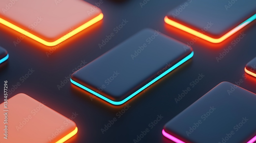 Poster a vibrant array of modern smartphones illuminated with colorful edges, set against a dark backdrop, 