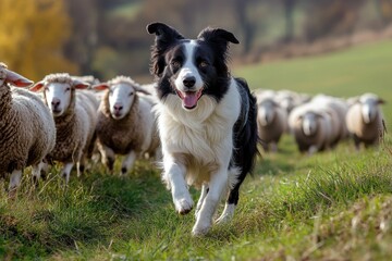 Fototapeta premium Black and white border collie herding a flock of sheep on green grass. Illustrate teamwork, farm life, and the intelligence of herding dogs.