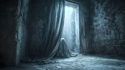 Dark Room with Blue Curtain and Stone Walls