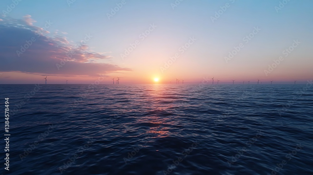Aufkleber a serene ocean sunset with gentle waves and wind turbines on the horizon, creating a tranquil and pi