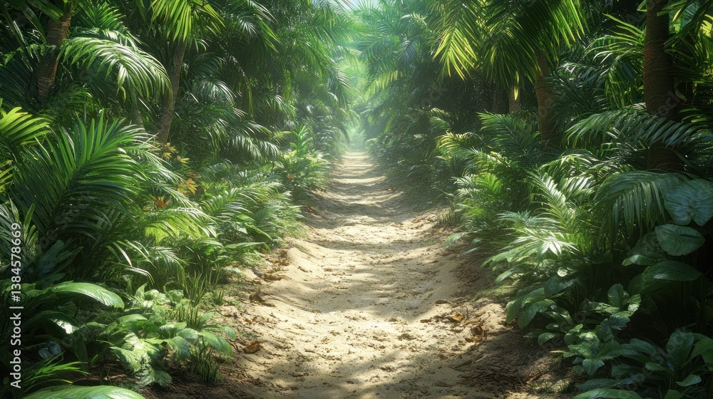 Poster sunlit path through lush tropical jungle with dense vegetation and sandy trail.