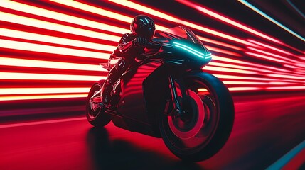 Obraz premium A sleek motorcycle races through neon-lit streets, creating a dynamic impression of speed and energy in a vibrant, futuristic setting.