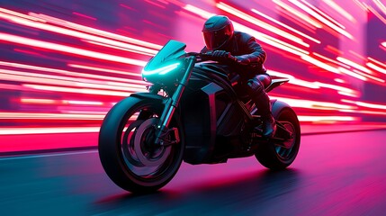 A futuristic motorcycle speeds through a vibrant, illuminated environment, showcasing motion with dynamic lighting effects and a sleek, modern design.