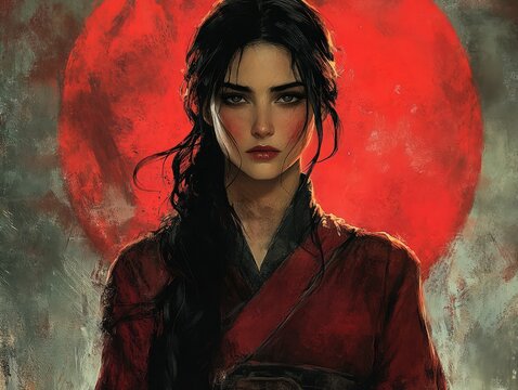 Woman in red robe with painted background