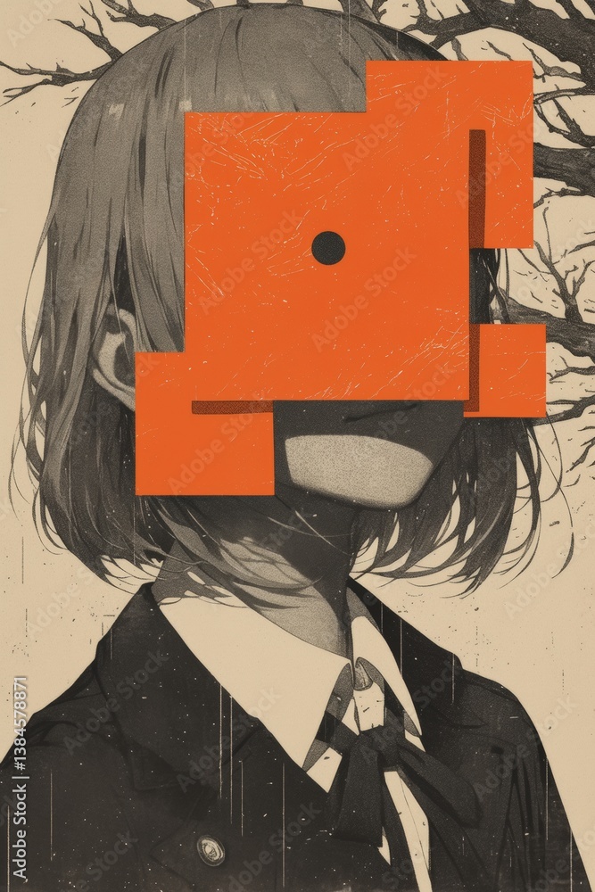 Poster artistic face portrait with an abstract block overlay