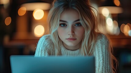 A young woman focused on studying in a school library with her laptop.