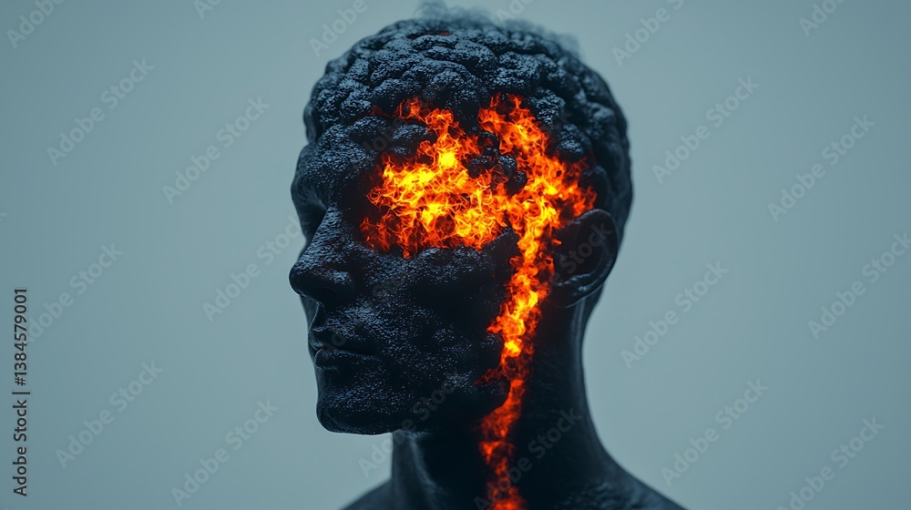 Poster a surreal representation of a head with a fiery, molten texture flowing from it, symbolizing intense