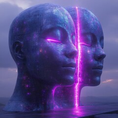 Obraz premium Dual Stone Heads with Neon Glow.