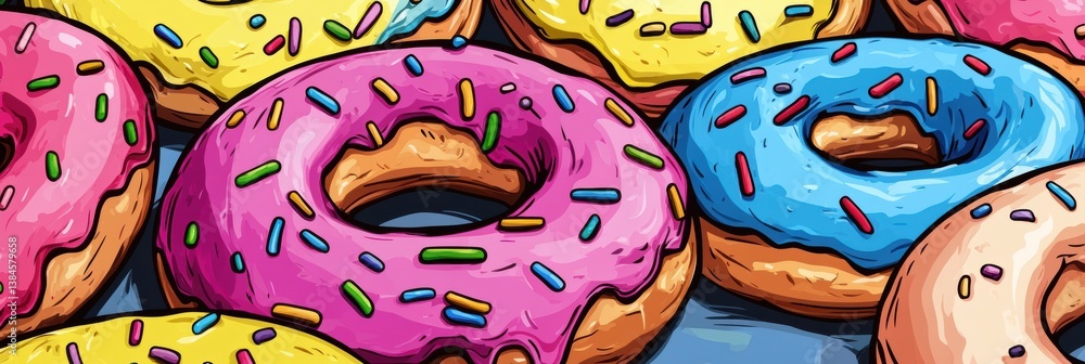 Aufkleber Colorful donuts with rainbow frosting and fun sprinkles create a playful, pop-art display in a bright and whimsical setting