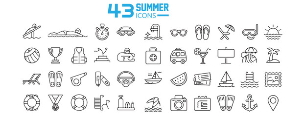 Summer Icons Set – Tropical Elements Including Sunscreen, Ice Cream, Palm Trees, Cocktail, and Beach Accessories in Flat Vector Style