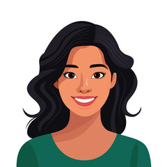 A asian woman portrait character illustration with long black hair and a green shirt, A asian girl portrait vector illustration