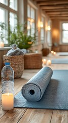 A yoga mat unrolled in a serene room, soft candlelight flickering, a water bottle and towel beside it, creating a peaceful, meditative atmosphere