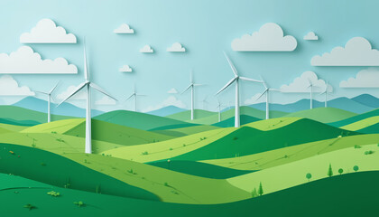 Wind Turbines on Rolling Green Hills in Paper Cut Style