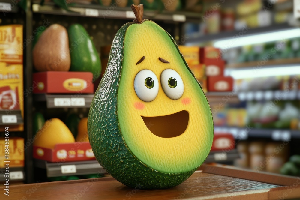 Poster Playful oversized cartoon avocado with cheerful expression in vibrant grocery store setting showcasing fun design and colorful display
