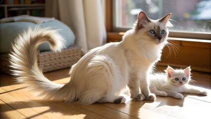 Balinese mother cat and her kitten enjoying the cozy indoor warmth by a sunny window. Beautiful balinese cat
