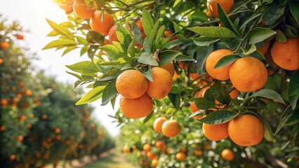 A cluster of ripe, orange-colored citrus fruits, likely mandarins or oranges, hangs from branches of a leafy tree.