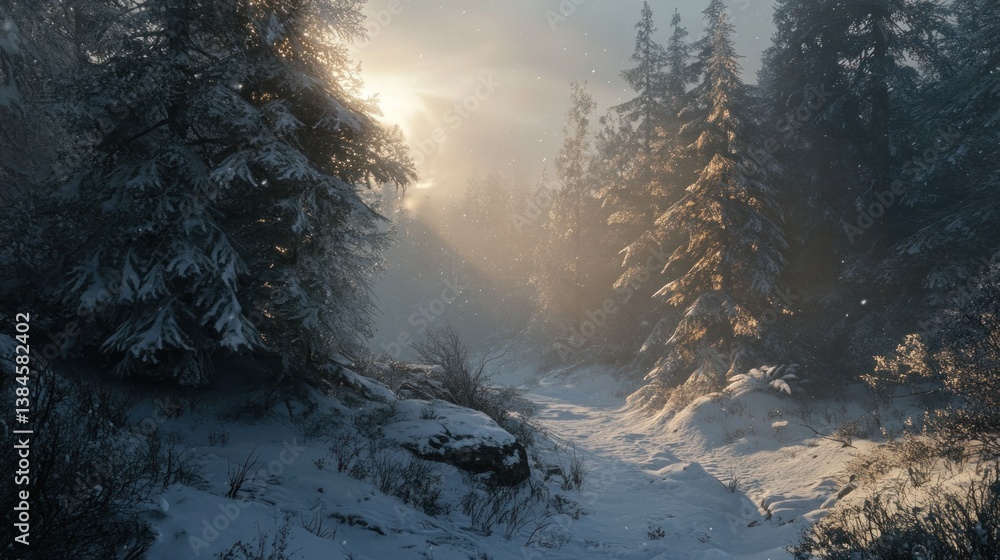 Poster sunlit snowy path through a winter forest with fog and snow-covered evergreen trees.