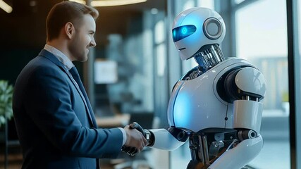 Professional man in suit shaking hands with advanced humanoid robot in modern office, symbolizing AI collaboration and future technology.
 - Powered by Adobe