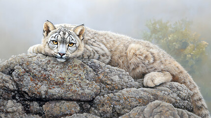 Snow Leopard Resting on a Rocky Mountain in Fog