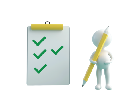 3D figure holding yellow pencil next to clipboard, completed checklist with green checkmarks, representing organization and productivity, isolated on transparent background, cut out, PNG file.