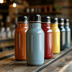 Colorful water bottles lined up on wooden table