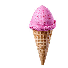 pink ice cream served in a waffle cone isolated against a transparent background.