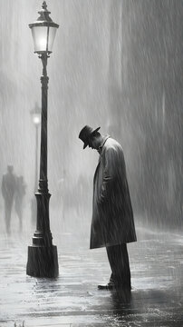 Fototapeta Solitary Man in Rain on City Street