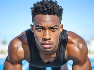 Focused Male Sprinter Preparing for Race on Outdoor Track Surface
