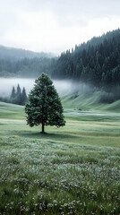 Solitary Tree in Foggy Mountain Field