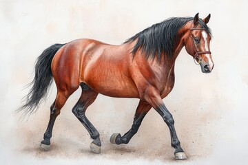 Obraz premium Elegant Brown Horse Trotting Gracefully Against a Light Background