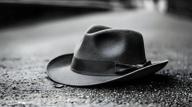 Fototapeta Wet Black Hat on Rain Soaked Street