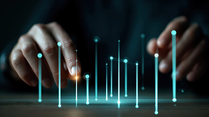 person interacting with digital data visualizations, showcasing analytics and technology in modern workspace. image conveys sense of innovation and data driven decision making