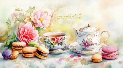Fototapeta premium Watercolor illustration of British afternoon tea,tea break in the English style,tea set with Afternoon tea stand with macaroons and scone,cake,cup of tea,Tea time dessert table,vintage style.
