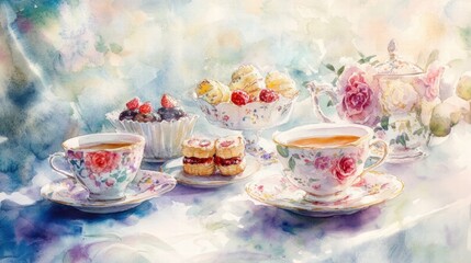 Fototapeta premium Watercolor illustration of British afternoon tea,tea break in the English style,tea set with Afternoon tea stand with macaroons and scone,cake,cup of tea,Tea time dessert table,vintage style.