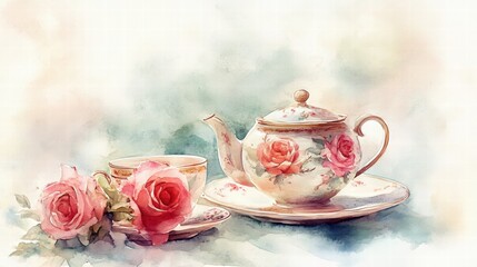 Watercolor illustration of British afternoon tea,tea break in the English style,tea set with Afternoon tea stand with macaroons and scone,cake,cup of tea,Tea time dessert table,vintage style.